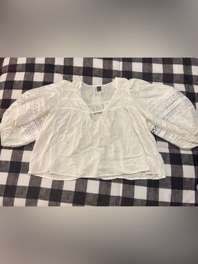 SHEIN white Lace-Inset Puff Sleeve Boho Blouse